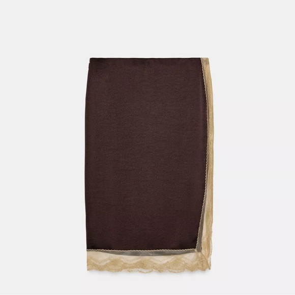 Zara NWT brown & beige lace split side lace trim midi skirt - Picture 7 of 8